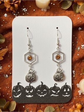 New Handmade Silver-Tone Geometric Pumpkin Earrings w/Sparkling Orange Gem